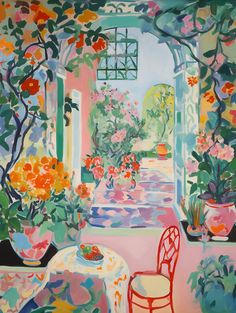 an oil painting of flowers in vases on a window sill with a table and chairs