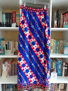 "1960's Polished Cotton Maxi Skirt by Alex Colman Multicolor Abstract Print 1 1/2 Inch Waistband 7 Inch Side Zipper Fully Lined 17 Inch Side Split SIZE: Small MEASUREMENTS (in inches): Waist: 24\" Hips: 36\" Length: 40\" INTERNATIONAL CUSTOMER?? Please email for Shipping Info" Retro Long Blue Skirt, Retro Blue Lined Skirt Bottoms, Retro Blue Lined Skirt, Vintage Blue Lined Skirt, Blue Lined Vintage Skirt, Vintage Blue Skirt, Retro Blue Denim Skirt, Fitted Vintage Blue Skirt, Retro Long Skirt