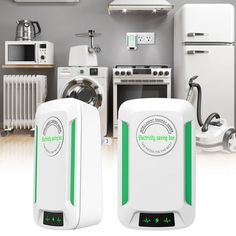 two white appliances sitting next to each other in front of a kitchen with green accents