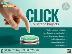 a hand is touching a button on a green and blue background that says click & get the projects