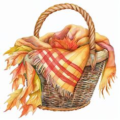 a watercolor painting of a basket with autumn leaves and a plaid blanket on it