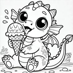 a cartoon dragon eating an ice cream cone