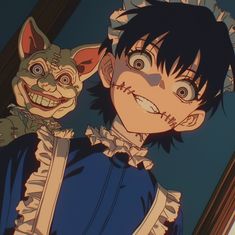 an anime character with black hair and blue eyes is holding a cat in his arms