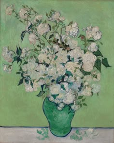 a painting of white flowers in a green vase