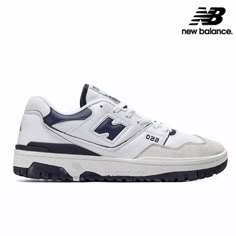 New Balance 550 'White Navy'-BB550WA1-New Balance-The New Balance 550 ‘White Navy’ confers a simple two-tone palette to a vintage hoops shoe originally released in 1989. The layered white leather upper is contrasted by a series of navy blue accents, high New Balance 550 White, Balance 550, New Balance Blue, Polo Sweatshirt, Shoe Inspo, Mens Fashion Casual Outfits, Marine Blue, New Balance Shoes, Pretty Shoes