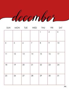 a december calendar with the word december written in red and black ink on a white background