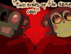 two people in red coats with the caption two sides of the same coin