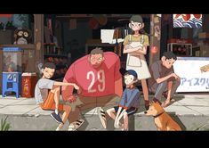 an animated image of people and dogs in front of a store with the number 29 on it