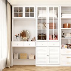 Transform your closet space with our sleek and functional six-door, four-drawer closet system, designed to meet all your storage and styling needs. This closet system features an integrated vanity with two small drawers for cosmetics or accessories, along with a top section that includes two tempered glass doors revealing two shelves for organizing jewelry or accessories. On the right, the two-door tempered glass cabinet houses three shelves for storing handbags, clothes, or other items, while the bottom section offers louvered doors with two shelves perfect for shoes. With silver metal round knobs and hinges, this closet system blends style and practicality. Rosalind Wheeler | Rosalind Wheeler Closet System w / Shelves & Drawers & Integrated Dressing Table brownManufactured Wood in White Closet Built In Vanity, Closet With Vanity, Storing Handbags, Built In Vanity, Louvered Doors, Drawer Closet, Organizing Jewelry, Wood Organization, Closet Organizing Systems