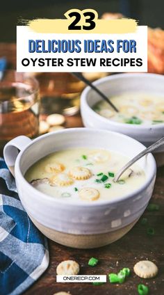 two white bowls filled with soup on top of a wooden table