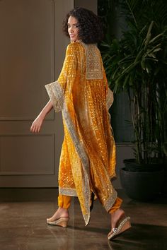 Buy Yellow Organza Printed Tie-dye V Neck Hand Embroidered Kaftan Pant Set For Women by Kisneel by Pam Online at Aza Fashions. Kaftan And Pants, Organza Kaftan, Printed Kaftan, Couture Designers, Indian Fashion Dresses, Kurta Designs, Kaftan Dress, Indian Designer Wear