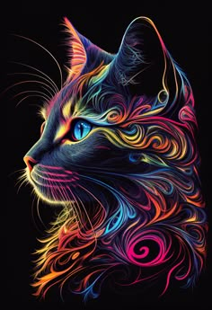 a colorful cat's face is shown on a black background