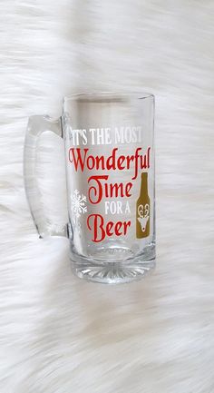 it's the most wonderful time for a beer frosted glass mug on a white fur background