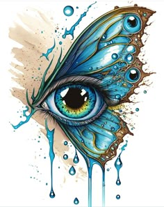 an eye with blue wings and water drops on the side, as if it were dripping from