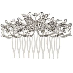 Razzle and dazzle your up-do with a touch of sparkle and shine! Ornate Butterfly Rhinestone Hair Comb features a shiny finish with gorgeous, clear rhinestones. Place it in your hair, and coordinate it with a rather stunning outfit.     Details:    Length: 2 1/4"   Width: 3 1/4"   Metal Color: Silver      Card contains 1 comb. Butterfly Hair Comb, Silver Card, Butterfly Rhinestone, Fox Pendant, Rhinestone Hair Comb, Vintage Hair Combs, Rhinestone Hair Pin, Rhinestone Hair, Butterfly Hair