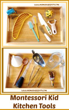 the montessori kid kitchen tools are organized on a tray