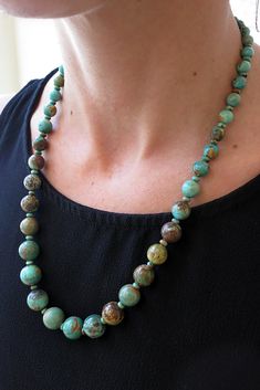 This 24" graduated necklace shows of the rich colors of Kingman Turquoise. Turquoise Bead Necklaces Yourgreatfinds ♥ Vintage Jewelry, Luxury Turquoise Beaded Necklaces With Polished Beads, Turquoise Bead Necklaces Novica, Luxury Traditional Turquoise Beaded Necklace, Affordable Turquoise Long Beaded Necklace, Cheap Turquoise Long Beaded Necklace, Cheap Large Beaded Blue Turquoise Necklace, Luxury Green Turquoise Necklace With Large Beads, Turquoise Jewelry Necklace