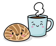 a cup of coffee next to a muffin on a white surface with a smiling face