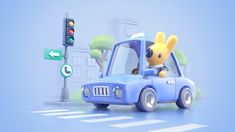 an animal crossing the street in a car with a rabbit on it's head