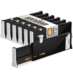 a set of six black and white business card holders with orange arrows on each side