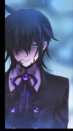 an anime character with long black hair and blue eyes, wearing a leather jacket in the rain