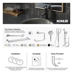 the product page for kohler's new bathroom accessories line is shown in black and white