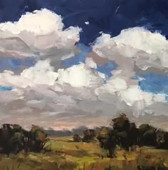 an oil painting of clouds in the sky over a grassy field with trees and bushes