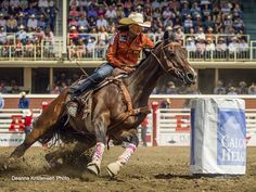 a woman riding on the back of a brown horse in front of a crowd at a rodeo