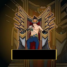 a cartoon character sitting on top of a throne with swords in his hands and holding a bird