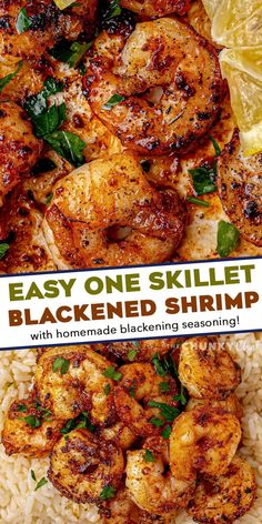 the cover of easy one skillet blackened shrimp with lemons and parsley on top