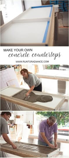 three pictures showing how to make your own concrete countertops with the help of two men