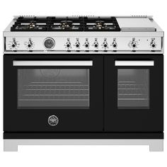 a black and white stove top oven with two burners on the front, and one door open