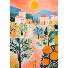 an abstract painting with oranges and trees in the foreground