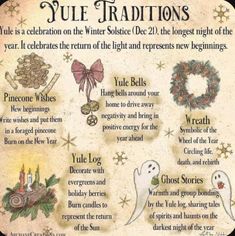 a poster with the words yule traditionss written in different languages and pictures on it