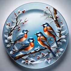 a plate with birds painted on it sitting in front of snow covered branches and berries