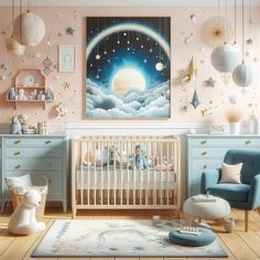 a baby's room decorated in pastel colors with stars and clouds on the wall