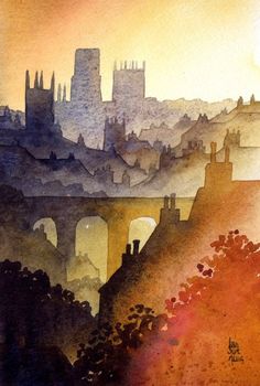 a painting of a city with buildings and trees in the foreground, watercolor on paper