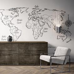 a room with a large map on the wall