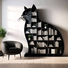 a black cat shaped book shelf next to a chair