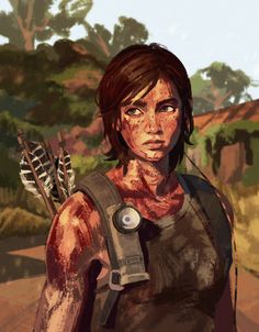 the walking dead game character holding an arrow in her hand and looking at the camera