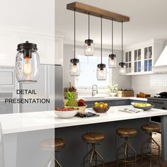 an image of a kitchen setting with food on the counter and lights hanging from the ceiling