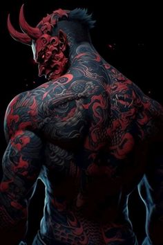 a man with red and black tattoos on his body is standing in front of a dark background