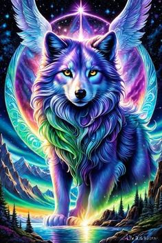 a painting of a wolf with wings on it's back