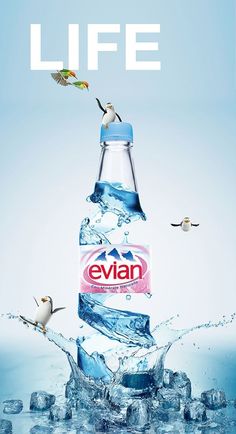 an advertisement for evian water with birds flying over it and the caption is life