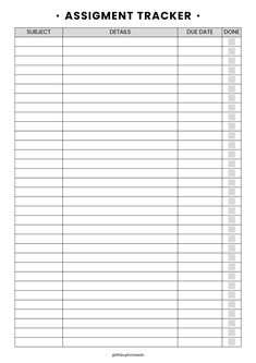 the printable assignment tracker is shown in black and white, with an empty space for writing