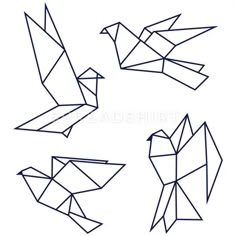 four origami birds are shown in black and white, each with different shapes