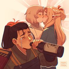 two people are kissing and one is holding a wine bottle