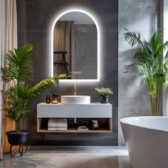 a bath room with a tub a sink and a mirror on the wall next to a potted plant