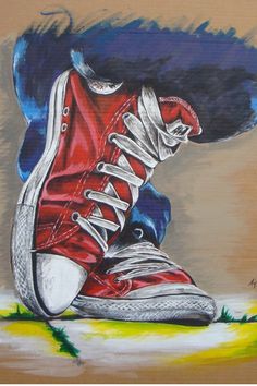 a painting of a red sneaker shoe on the ground