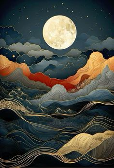 an image of a full moon over the ocean with waves and mountains in the foreground